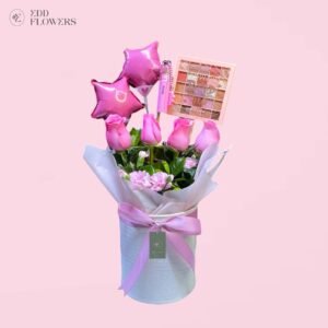Box Rosas y Maquillaje con paleta de sombras y globos