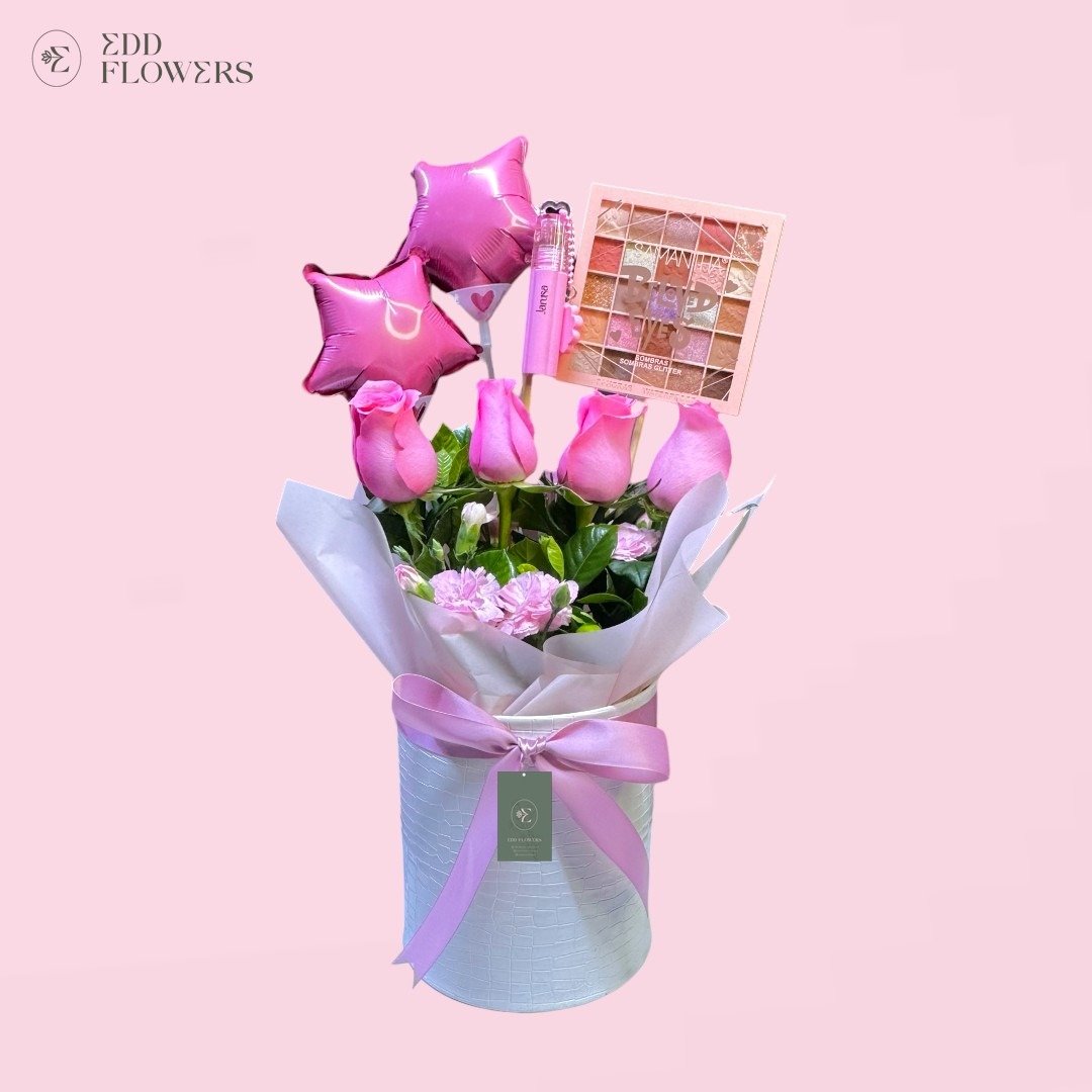 Box Rosas y Maquillaje con paleta de sombras y globos
