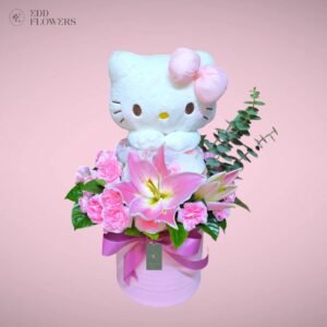 Box Hello Kitty con flores rosadas y peluche – EDD Flowers