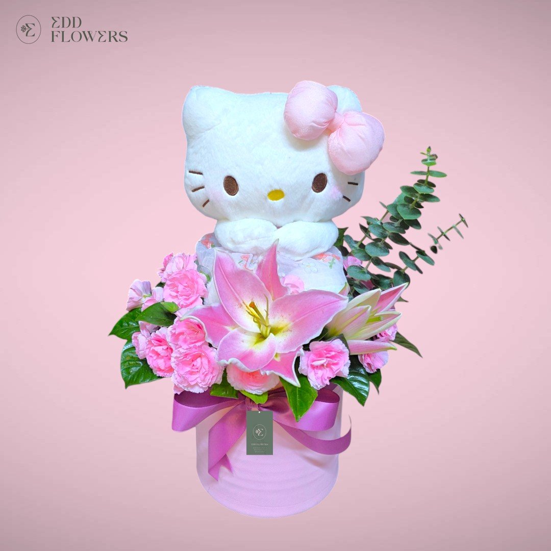 Box Hello Kitty con flores rosadas y peluche – EDD Flowers